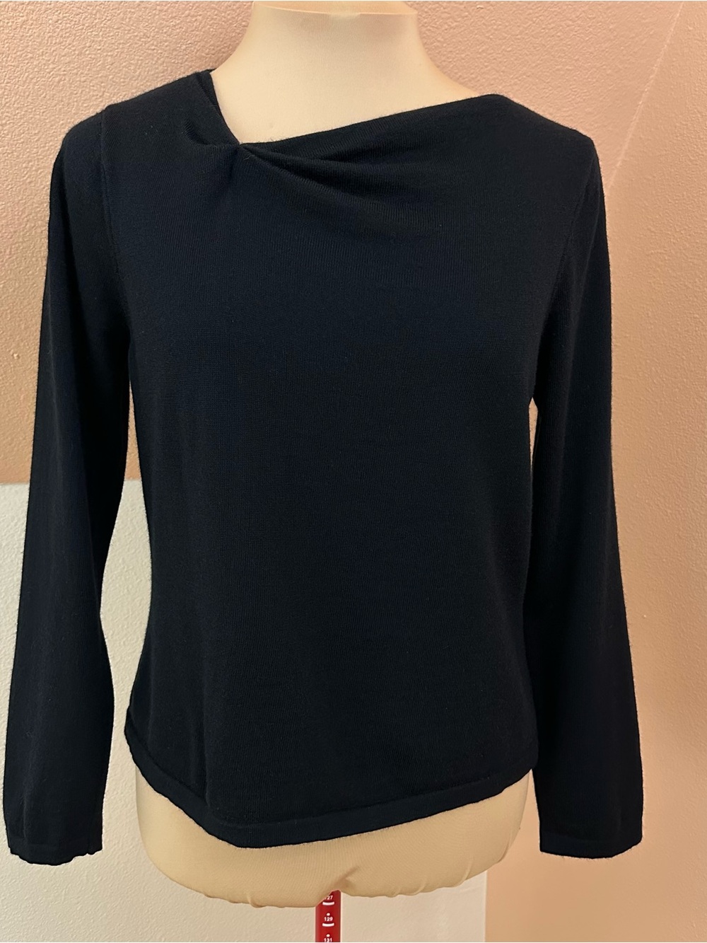 Talbots Petites Black Merino Wool Sweater Womens M Asymmetrical Neck Made Italy